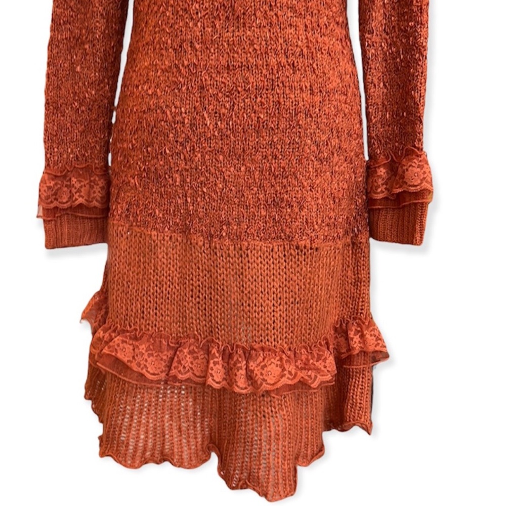 Jamie Gries burnt orange  boho sweater cardigan lace & ruffle trim size small - Picture 7 of 13